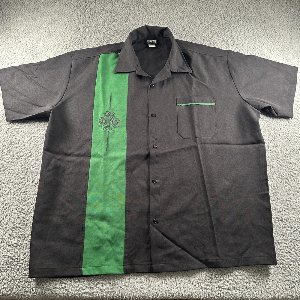 BeRetro Shirt Mens 3XB Black Green Bowling Shamrock Button Up USA St Patricks